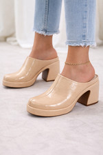 Stradivarius Nude Patent Clog Mules Block Heel Slip On Shoes UK 5