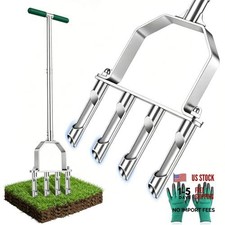 Stainless Steel Aerator Lawn Tool with 4 Hollow Tines - Heavy-Duty - Anti Green