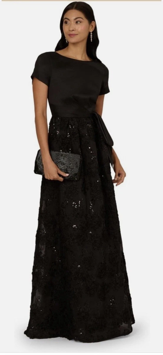 Vestido Adrianna Papell Soutache Detalle Floral Línea A Negro - Talla 16 Nuevo con Etiquetas
