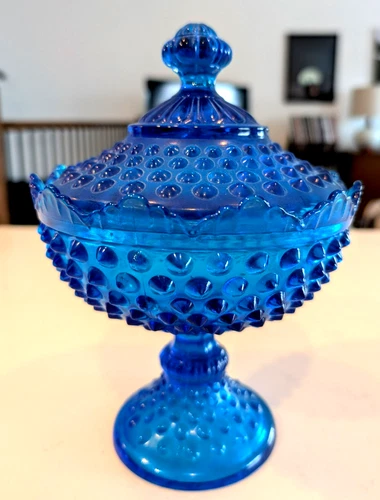 Fenton Colonial Blue Hobnail Covered Candy Dish Vintage Depression Glass