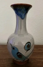 Ken Edward Tonala Mexican Pottery 6" Vase Hand Painted Bird Butterfly Folk Art