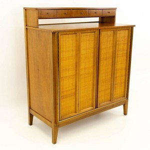 Vtg Mcm Caned Walnut Highboy Dresser From West Michigan