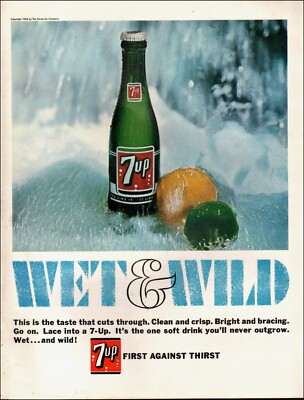 1966 Vintage ad 7up retro Soda Green Bottle Lemon Lime ice water