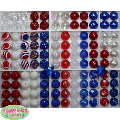 20mm Chunky Beads LOT 120 count  Gum Ball Bubblegum Patriot Red White Blue