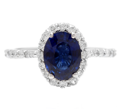 3.10Ct Natural Blue Sapphire & Diamond 14K White Solid Gold Ring
