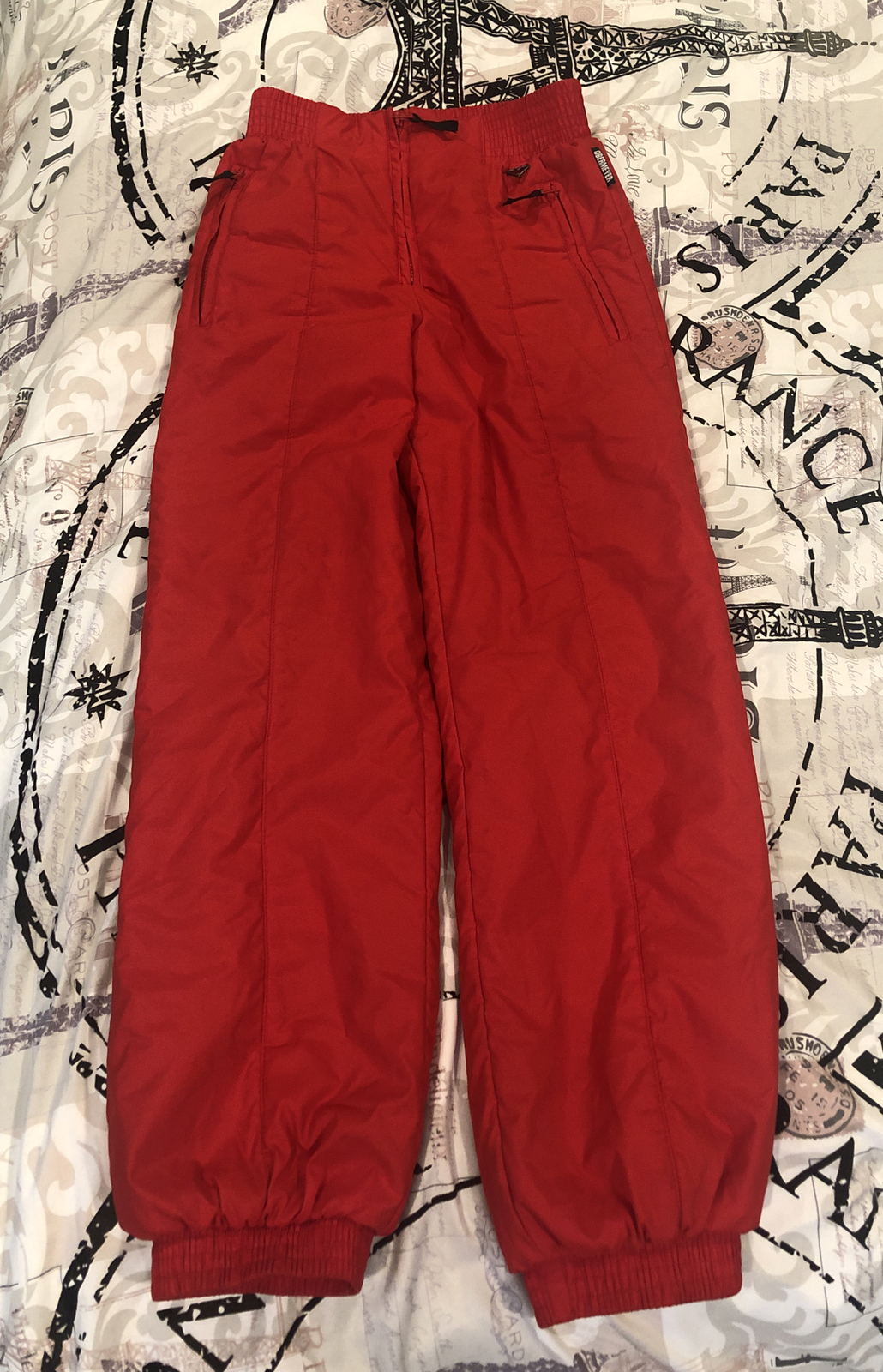 dark red ski pants
