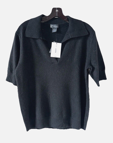 BLOOMINGDALES Size L 100% Cashmere Short Sleeve Sweater Top NWT Black B78