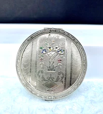 Gleaming!  Vintage silvertone powder compact. Unmarked.  Engine-turned.  1930s.