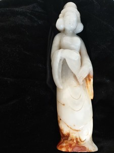 Antique Chinese JADE,20C beautiful hand Carved lady holding a fan, multi/colours