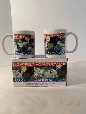 1998 MONOPOLY BOARDWALK PARK PLACE Ceramic Coffee Cups Mugs set of 2 - Hasbro