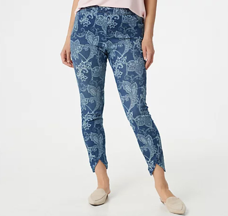Denim & Co. Med Wash 10P Easy Stretch Printed Petite Tulip Hem Jeggings A392134