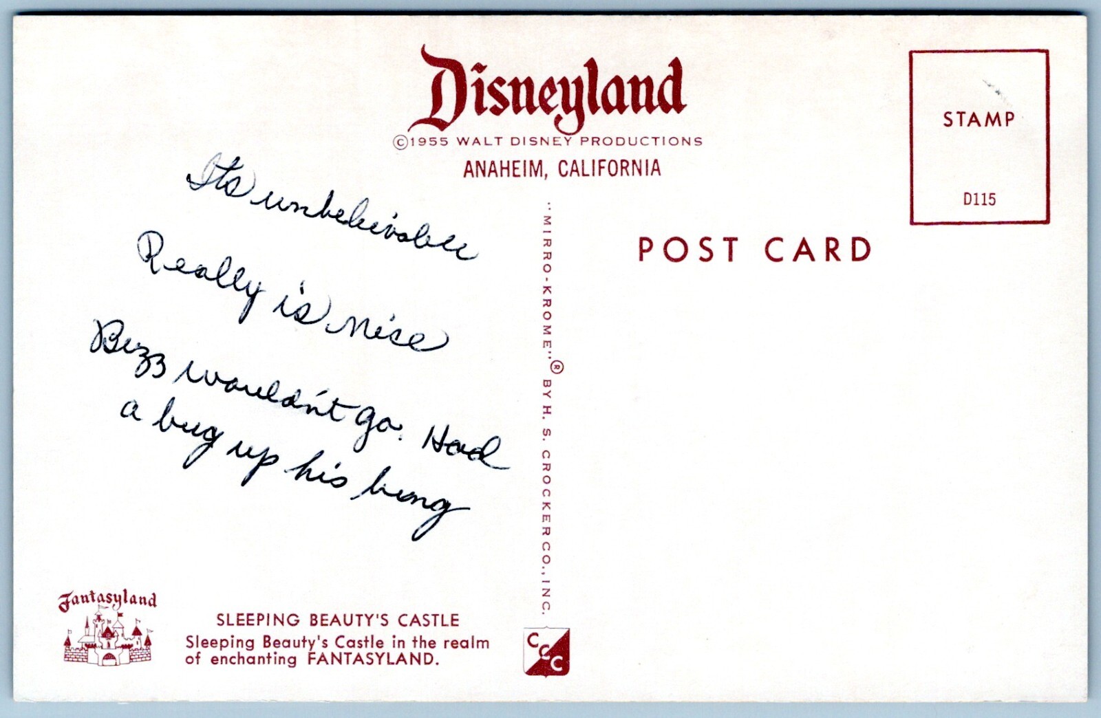 Postcard Anaheim CA Disneyland Sleeping Beauty's Castle 1955 Funny Note
