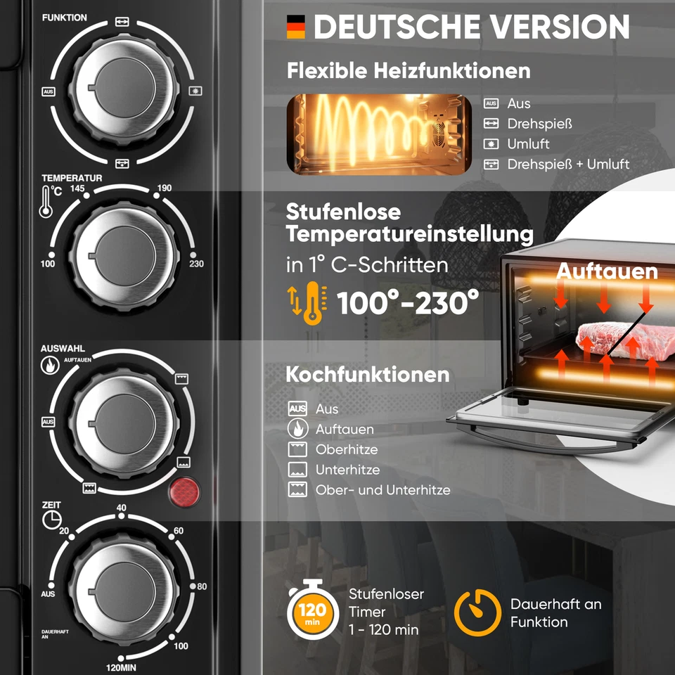 B-Ware Minibackofen mit Umluft 45L Timer Drehspieß Mini Backofen Pizzaofen - Bild 4 von 4