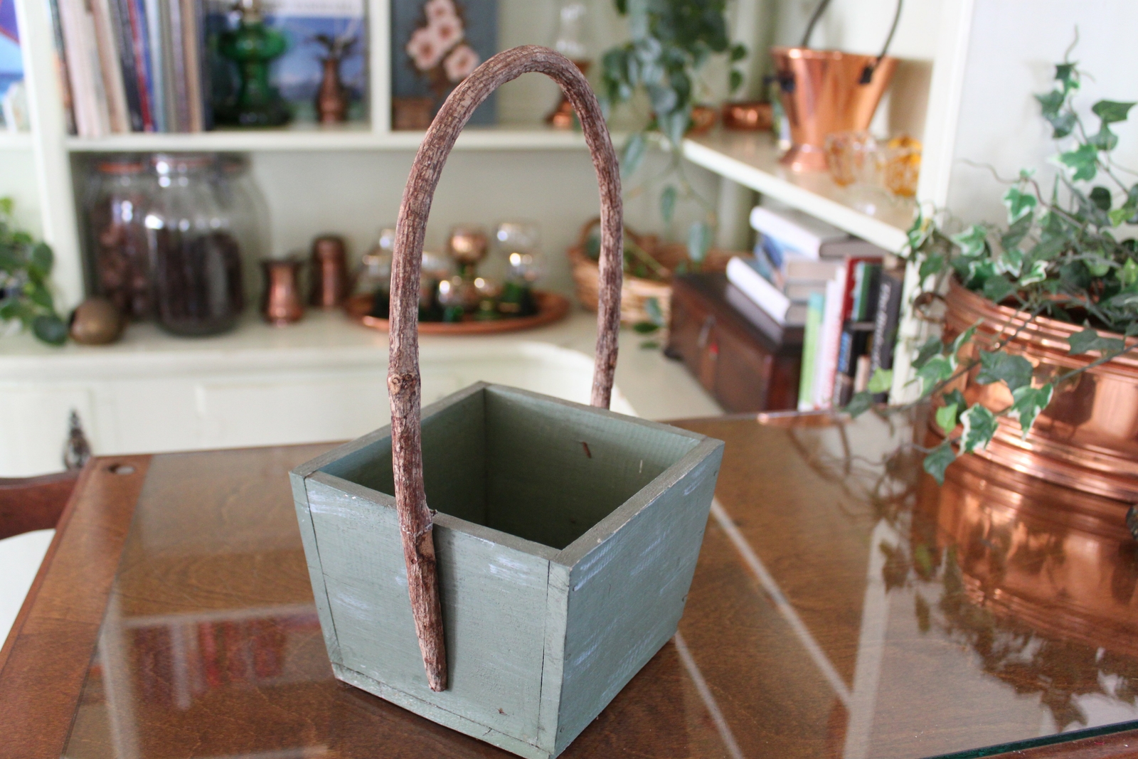 Primitive Branch Handled Wooden Olive Green Basket eBay