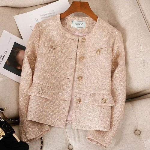 Jacket Womens Spring New Temperament Short Slim Casual Tweed Top Coats Crew Neck - Bild 4 von 12