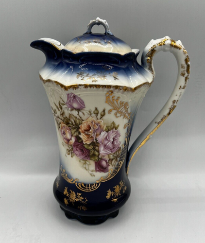 Porcelana Royal Bavaria - Pintado a mano - Olla de chocolate azul cobalto - 5 tazas y platillos - Imagen 3 de 23