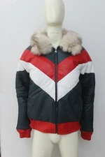 Mens Genuine Leather V Bomber Jacket Fox Fur Collar Red/White/Navy              