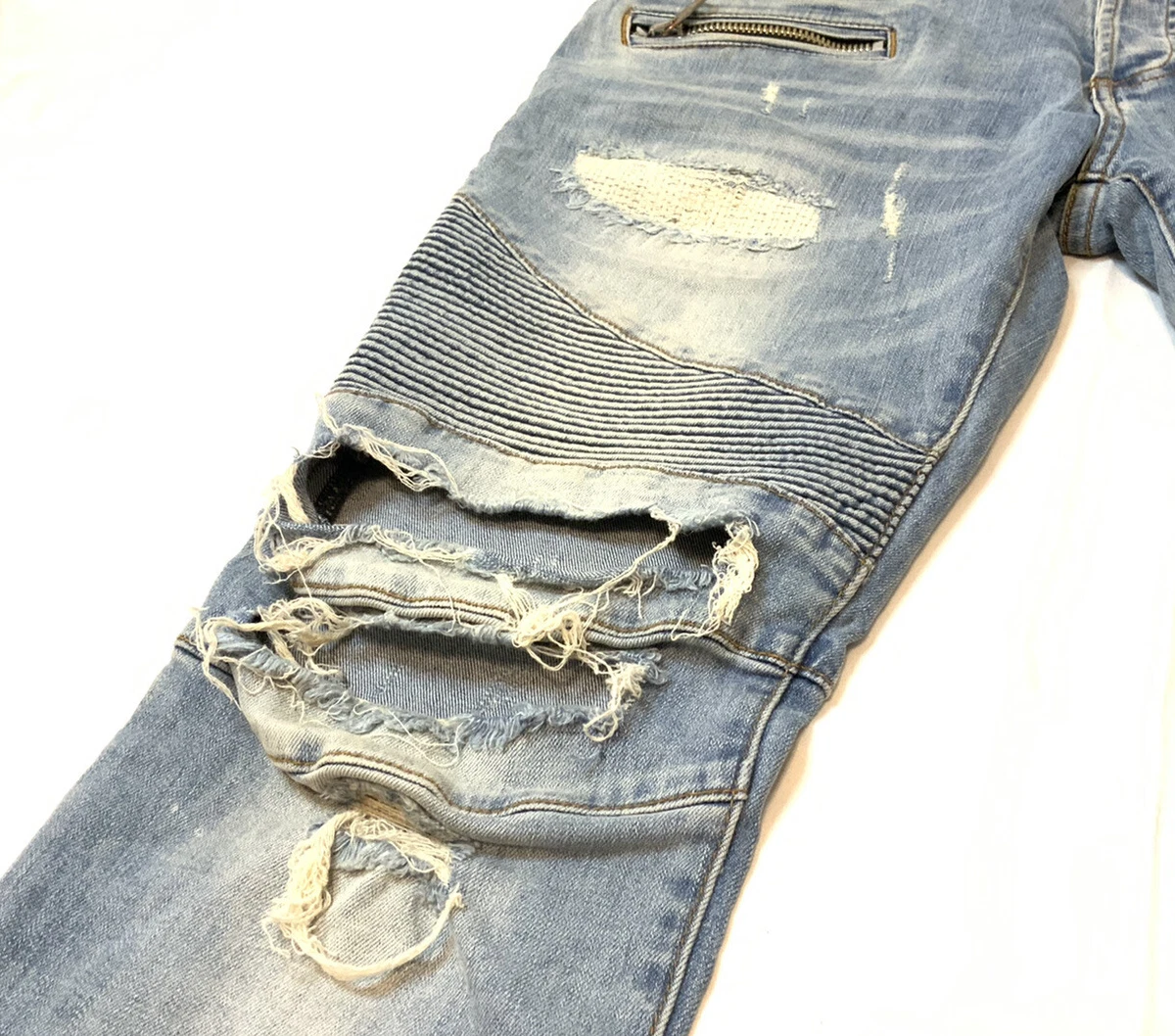 BALMAIN Paris Blue Distressed Denim Biker Jeans Made in Italy |