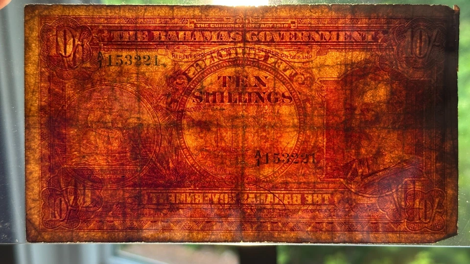 巴哈马 10 先令 ND (1930) 国王乔治五世 P-6 极为罕见,烧伤损坏 OPC — 第 3/3 张图片