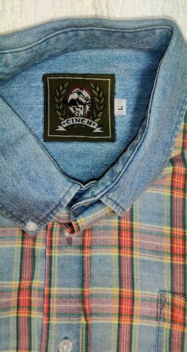 Mens L Cinch Shirt Plaid L/S Denim Blue Orange Yellow. - Picture 3 of 3