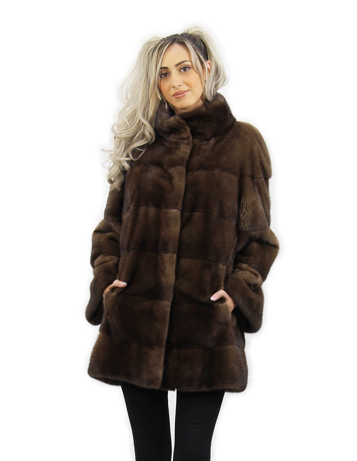 Demi Buff Size 46 Jacket with 3/4 Sleeves Korean Collar Horizontal Mink Fur