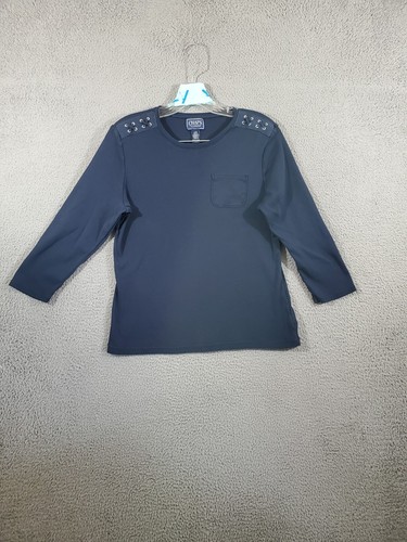 Chaps Shirt Womens Large Blue 3/4 Sleeve Stitched Shoulders Pocket Tee Solid b