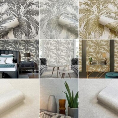 Belgravia Textured Woven Fabric Wallpaper - Metallic Palm Tree Plain Texture