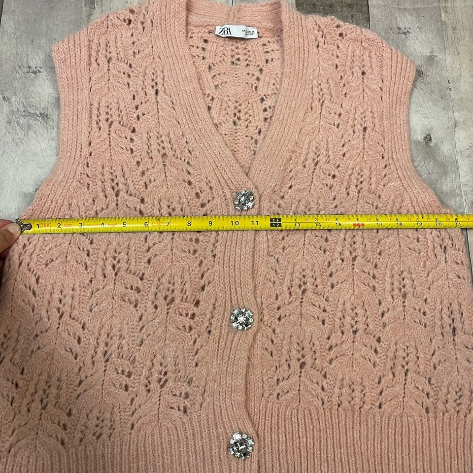 Zara Pink Jewel Button Sweater Pointelle Vest Cardigan Size Medium eBay