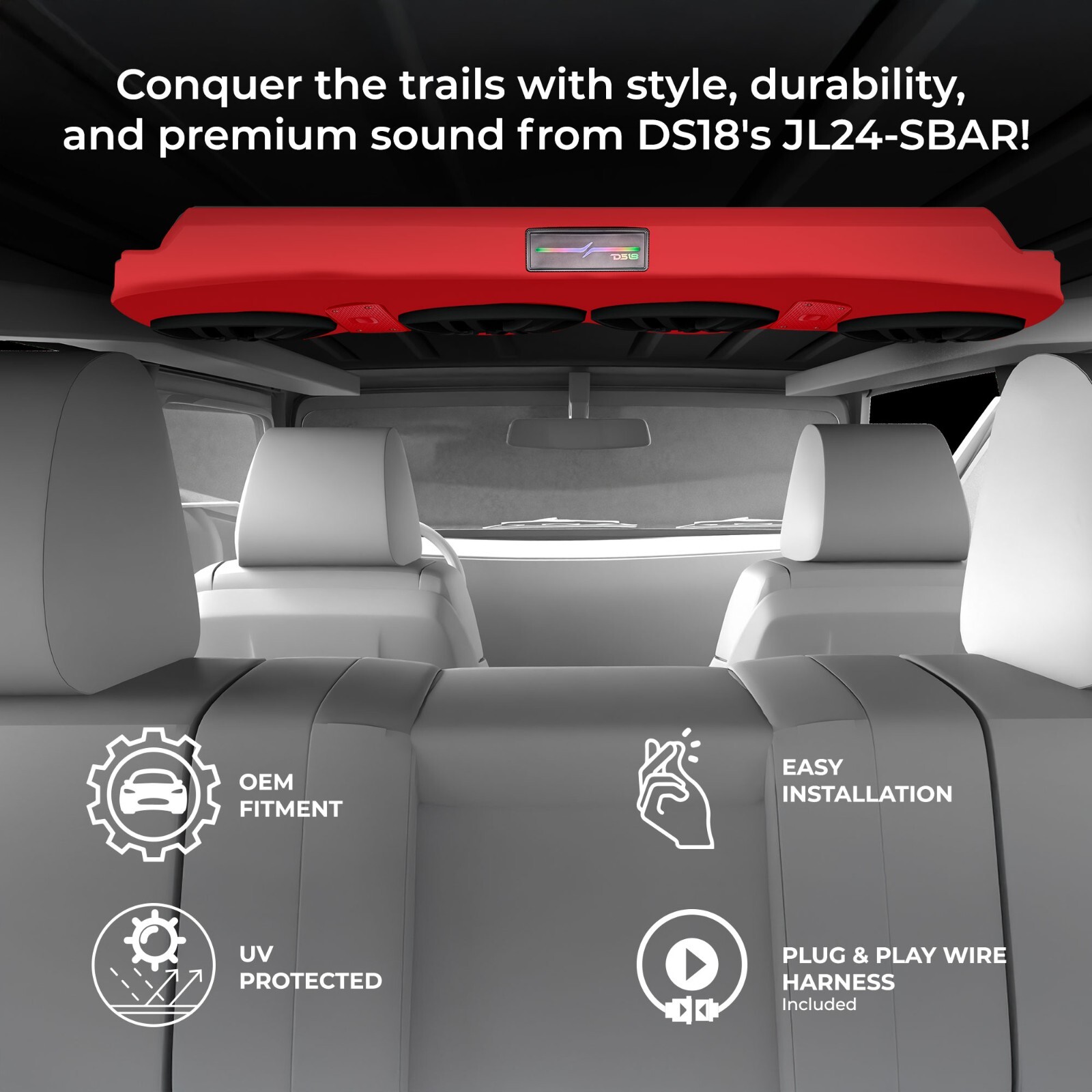 DS18 Overhead Sound Bar for Jeep JL/JLU/JT 2024, Fits 4 X 8" Speakers