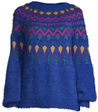 Time and Tru Womens Ladies Blue Print Fuzzy Pullover Sweater Size Small 4-6 New