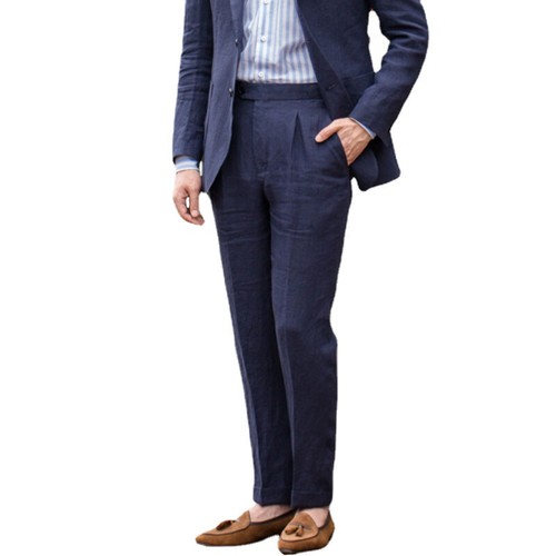 Pantalón de lino plisado para hombre clásico formal negocios pierna recta ocio - Imagen 3 de 16