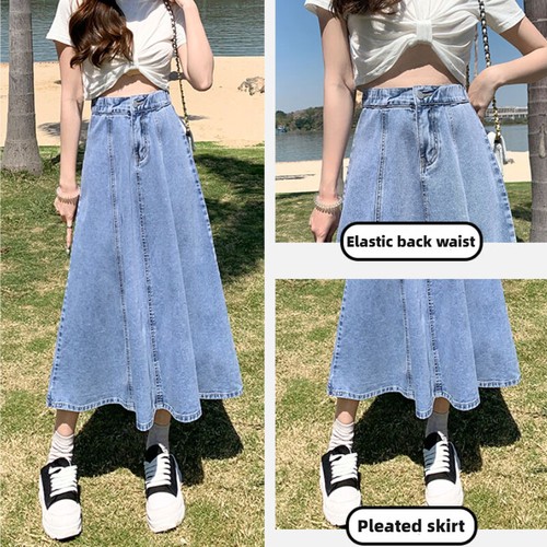 Ladies Denim Pleated Skirt High Elastic Waist Casual Loose Jean Half Dress Swing - Picture 10 of 12