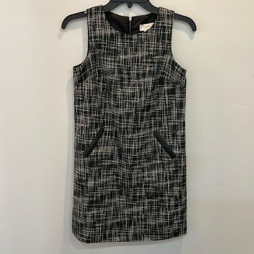 LOFT Petites 00P schwarz weiß Tweed Etuikleid ärmellos Reißverschluss Gesäßtaschen