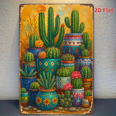 2D Flat, 1pc of Vintage Cactus Wall Art Tin Metal Signs Home Décor Colorful Dese