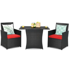 Costway 3PCS Patio Rattan Furniture Set Cushion Sofa Armrest Garden Deck Red