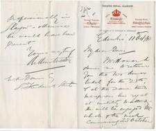 1893 letter Theatre Royal, Glasgow