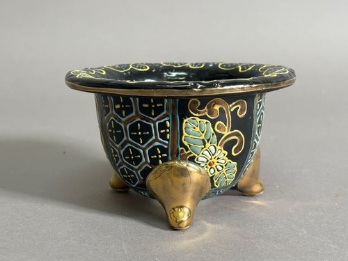 Antique Japanese Orchid Bonsai Pot Black Gold Floral Footed Ceramic Planter