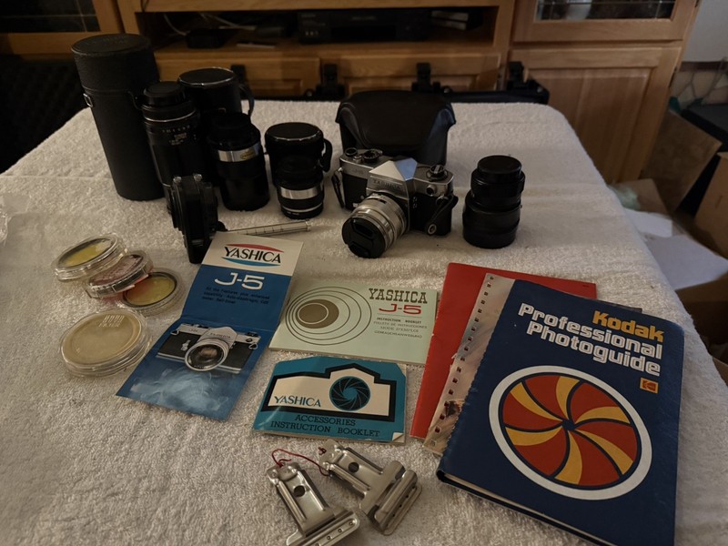 Yashica F-5 with Yashica Auto 30 Yashinon 1:1.8 lens & lots of accessories