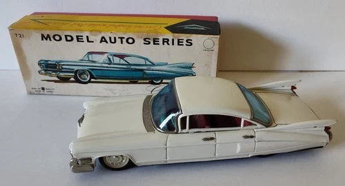 Vintage Tin Friction '59 Toy Cadillac w/Box Bandai White 4 Door #721 Excellent