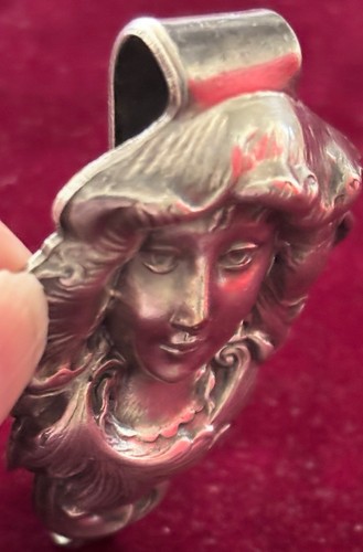 ANTIQUE ART NOUVEAU SILVER CHATELAINE BELT CLIP SMILING MAIDEN WOMAN HARD 2 FIND - Picture 5 of 12
