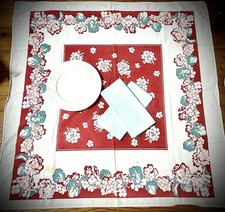 Vintage Floral Tablecloth 44x44 Red Teal Cott...