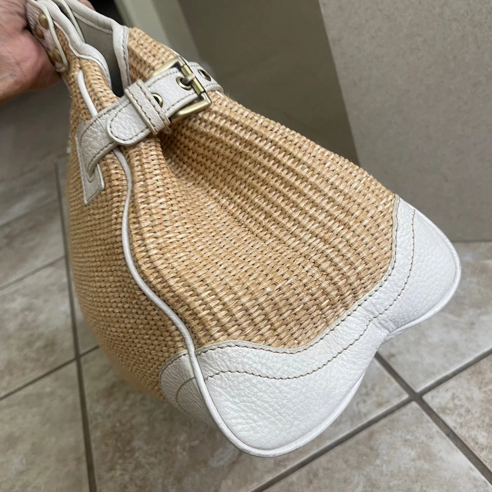 Rafe Woven Straw Hobo Bag White Leather Trim Studded Accents Cute Chic Purse - Image 3 of 4