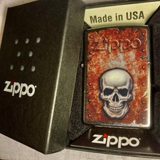 ⏰Zippo Lighter New🌗RUSTED SKULL DESIGN Original 2019 Dark Tone Chrome Complete