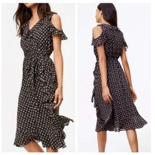 Loft Women Ruffle Faux Wrap Dress Sz SP Petite Black Dark Floral Dainty Romantic