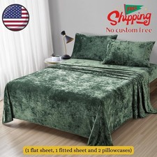 Distressed Velvet Sheet Set, 4 Pieces Blackish Green Queen, Ultra Soft, Warm