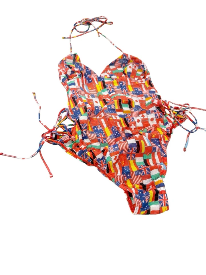 Винтажный комбинезон ткани флаг желтовато-коричневый через цельный купальник 70-х/80-х женщин XS? - Изображение 2 из 4