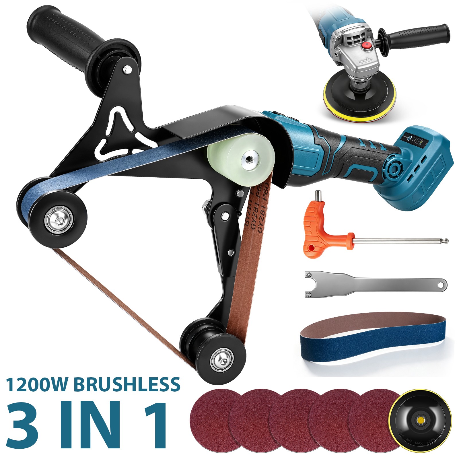 Cordless Pipe Tube Polisher Belt Sander 1200W Brushless 3 Speed for Makita 18V