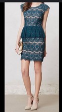 Maeve Lace Sheath Tiered Elsa Peplum Dress Teal Green ANTHROPOLOGIE Size Small