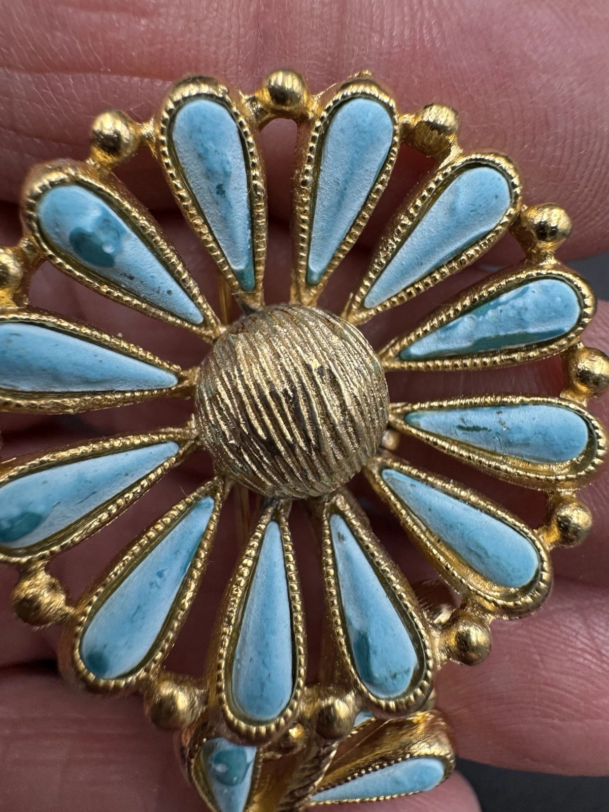 Vintage BSK Blue Enamel Flower Daisy Brooch Pin Gold Tone 1960’s