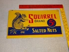 VINTAGE ANTIQUE SQUIRREL BRAND SALTED PEANUTS 🥜 5 CENTS 14" EMBOSSED METAL SIGN